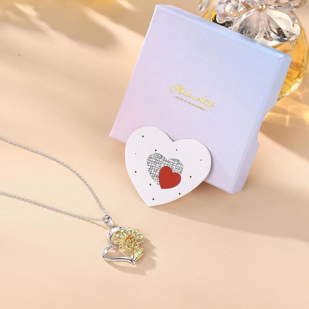 Sterling Silver Sunflower Necklace 14K Gold Plated Heart Pendant Gift for Women - Picture 6 of 6